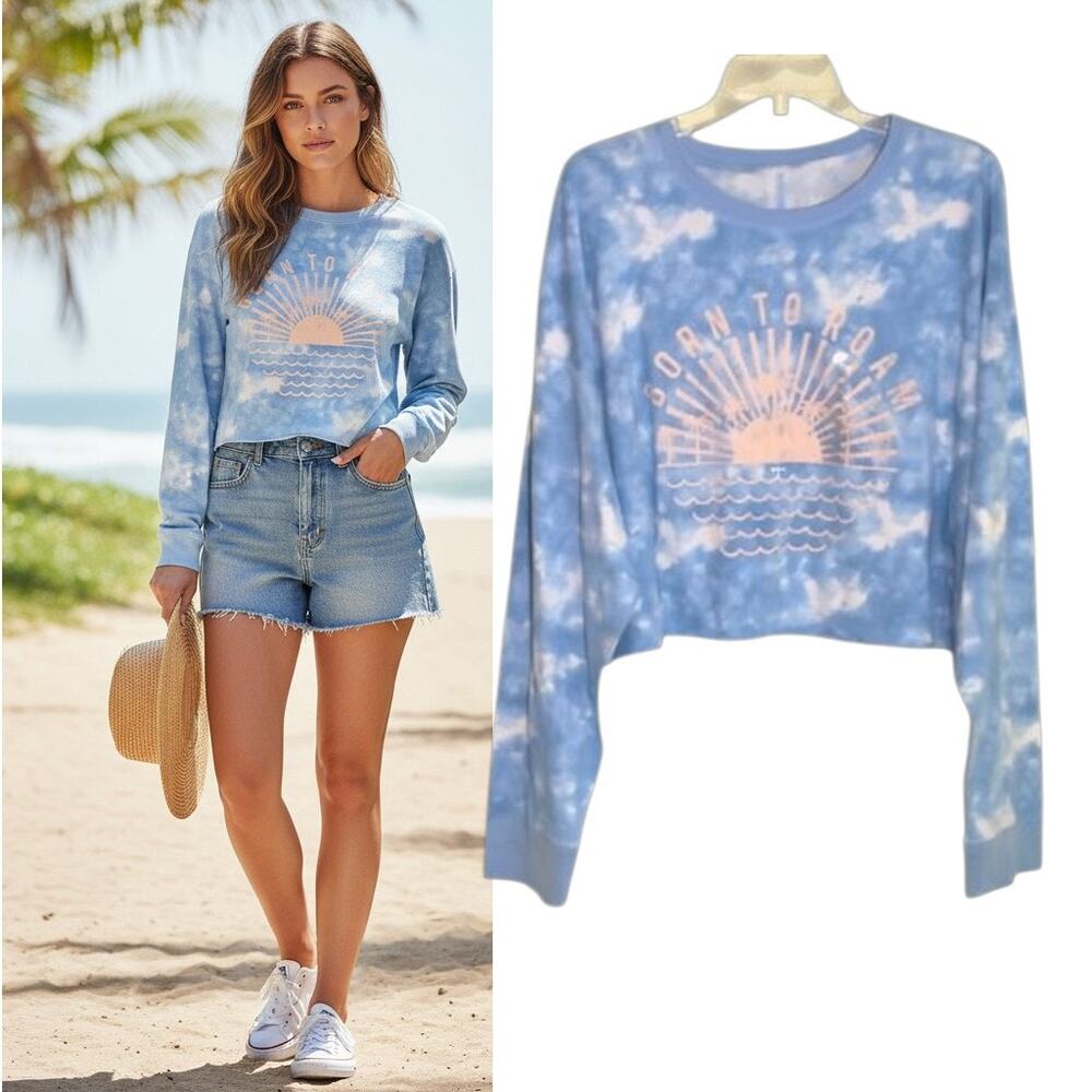 Flirtitude XXL Blue Tie Dye Cropped Graphic T-Shirt Long Sleeve Oversized NWT